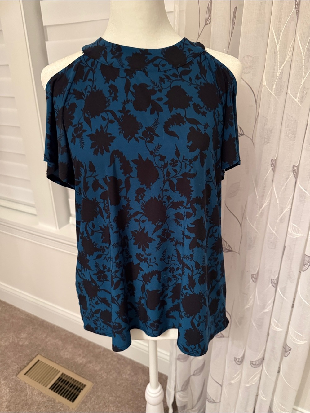 INC International Concepts Teal Cold-Shoulder Floral Blouse